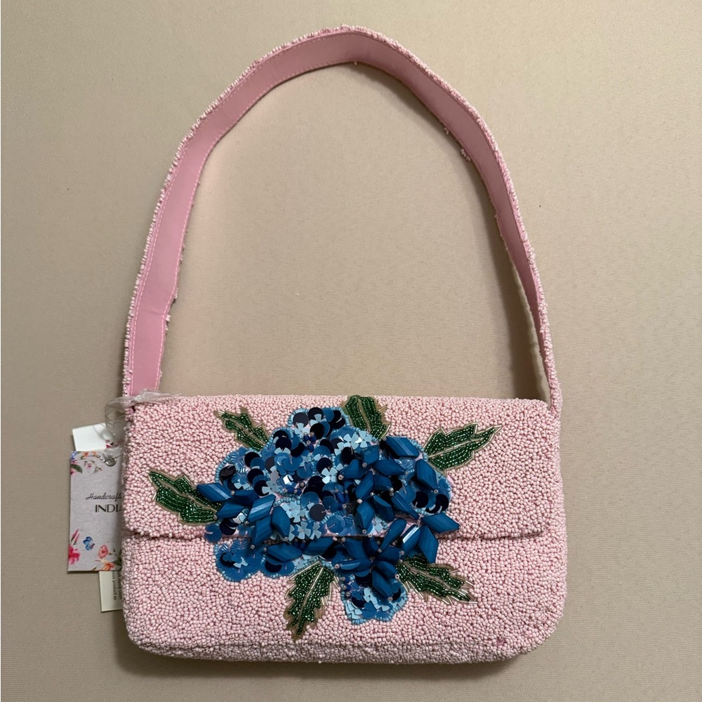 Handcrafted in India Beaded Bag Pink with Blue Flowers Floral Design
